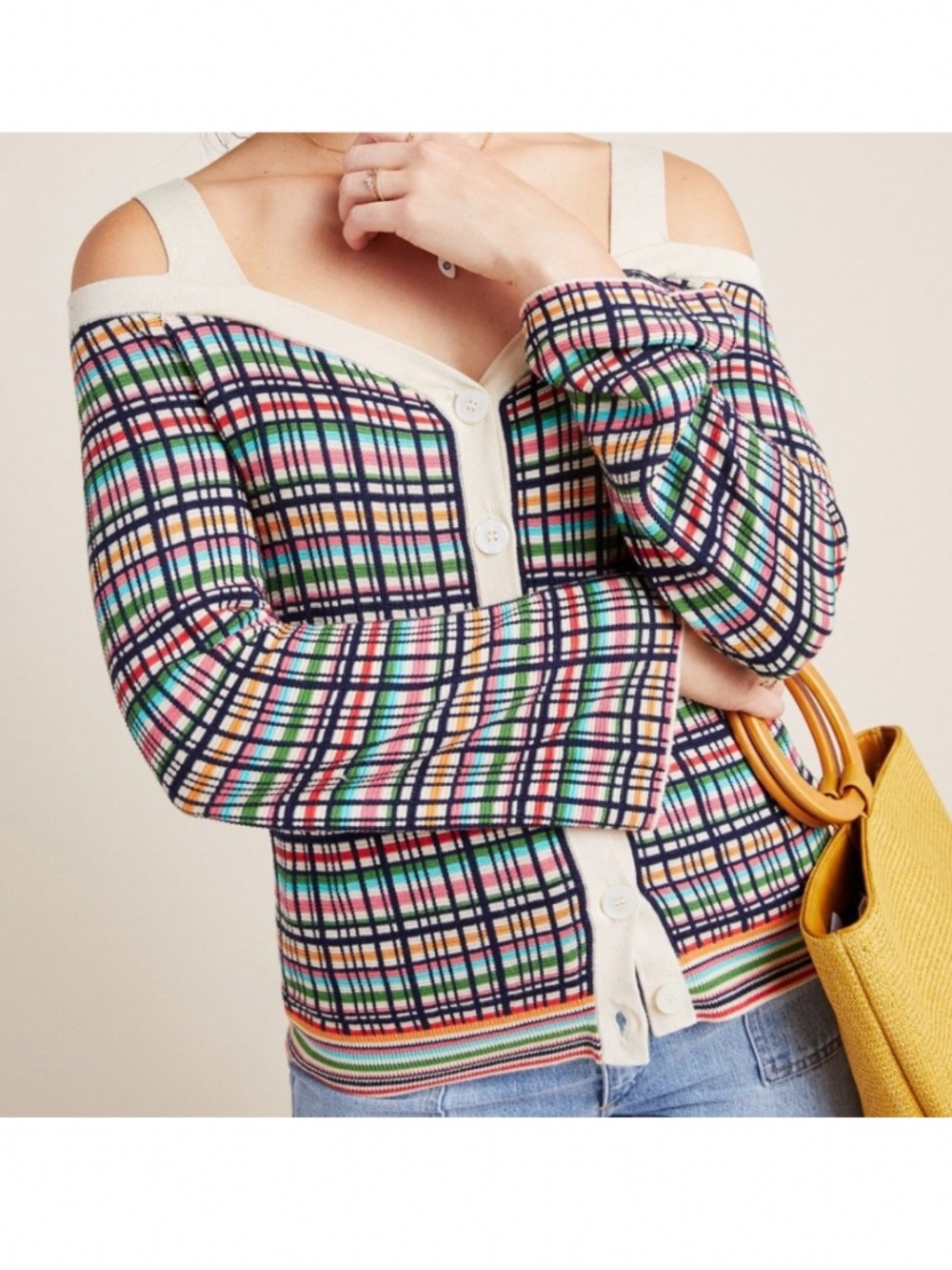 Anthropologie Krissy Plaid Cold-Shoulder Cardigan NWT Sz S